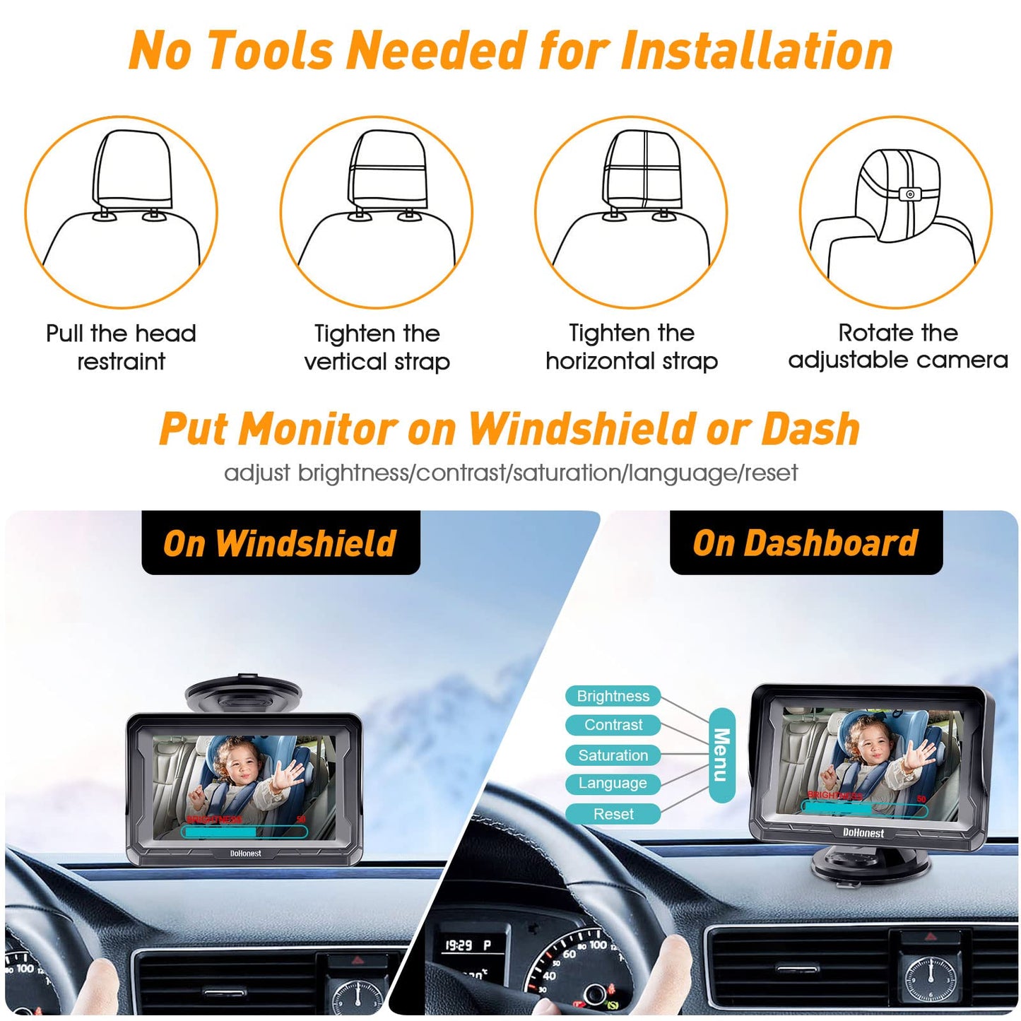 DoHonest Baby Car Camera for Backseat: HD 1080P Easy Setup Carseat Camera Rear Facing Infant - Crystal Night Vision 360° Rotating Car Baby Monitor for 2 Kids - V33