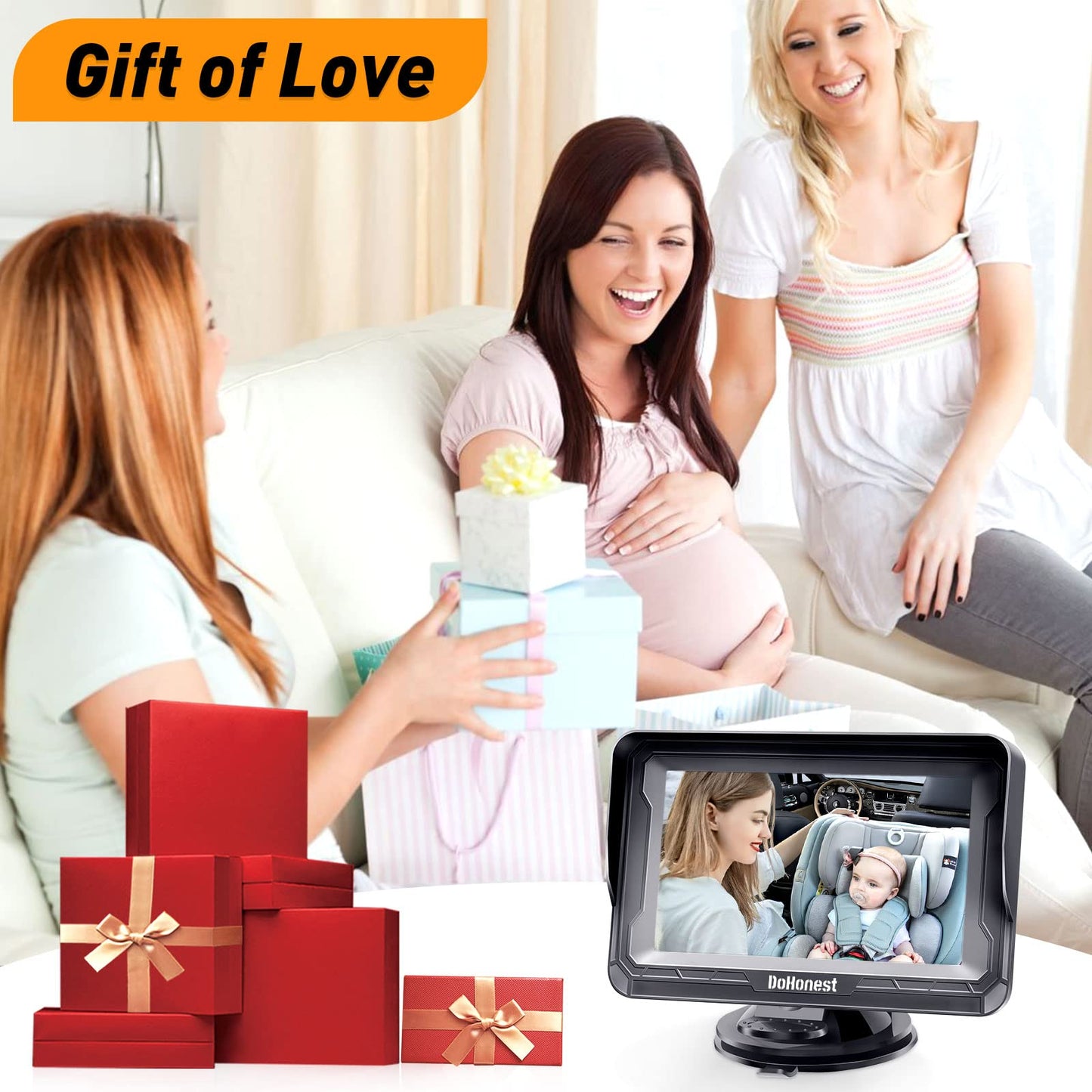 DoHonest Baby Car Camera for Backseat: HD 1080P Easy Setup Carseat Camera Rear Facing Infant - Crystal Night Vision 360° Rotating Car Baby Monitor for 2 Kids - V33