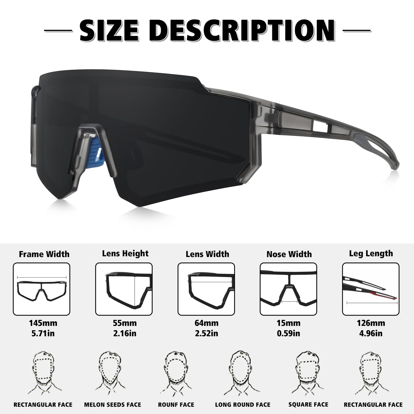 STORYCOAST Polarized Sports Sunglasses for Men Women,Driving Fishing Cycling Mountain Bike Sunglasses UV400 Protection Clear Gray Frame-Dark Blue Mirror Lens