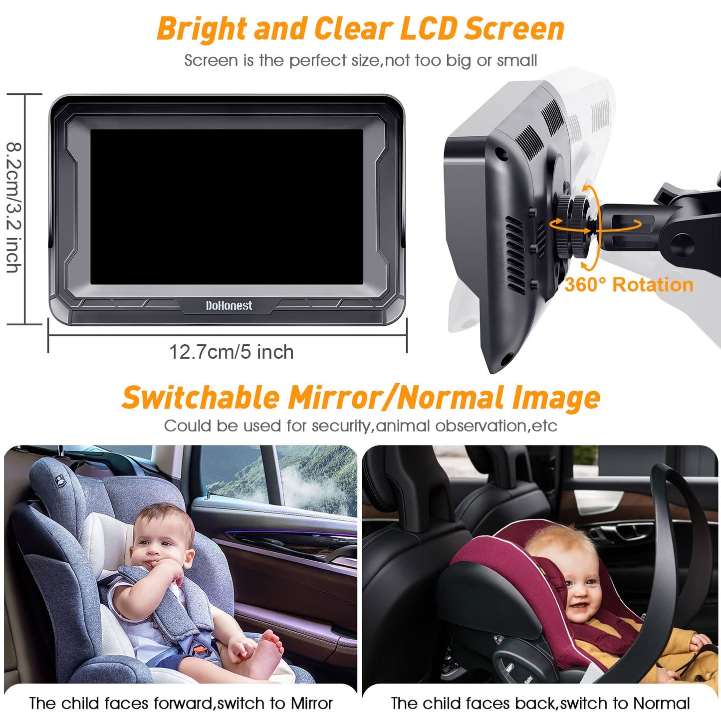 DoHonest Baby Car Camera for Backseat: HD 1080P Easy Setup Carseat Camera Rear Facing Infant - Crystal Night Vision 360° Rotating Car Baby Monitor for 2 Kids - V33