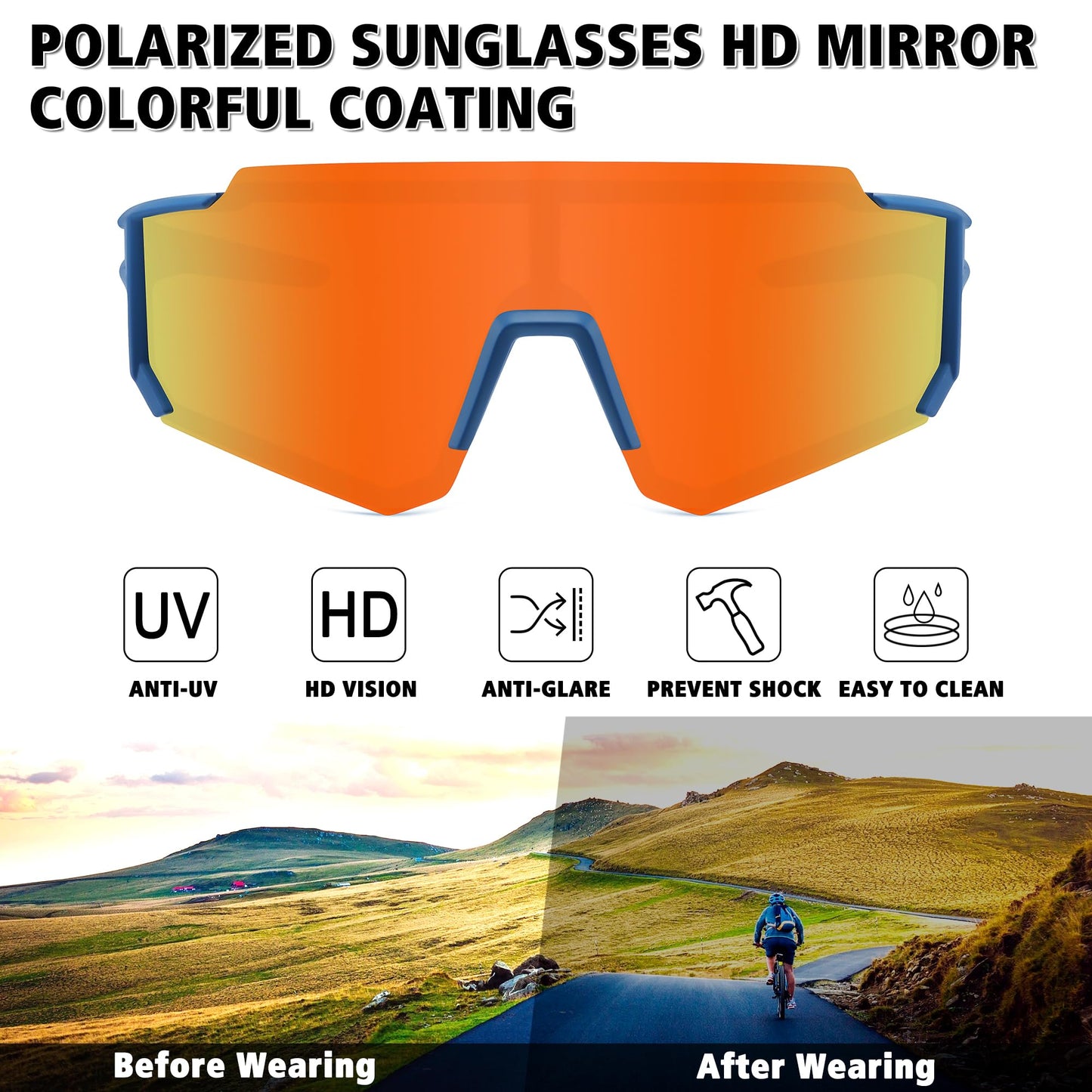 STORYCOAST Polarized Sports Sunglasses for Men Women,Driving Fishing Cycling Mountain Bike Sunglasses UV400 Protection Clear Gray Frame-Dark Blue Mirror Lens